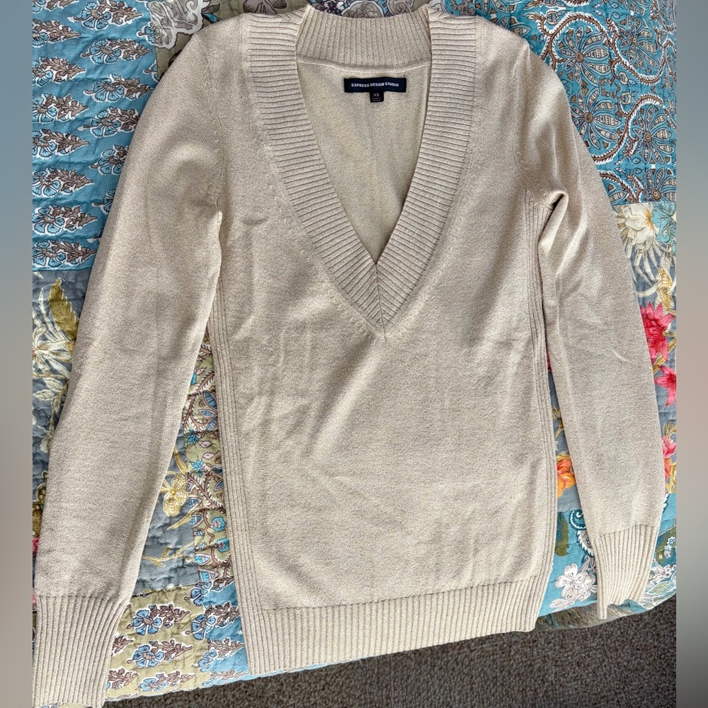 Express Design Studio Deep V-Neck Sweater - Beige